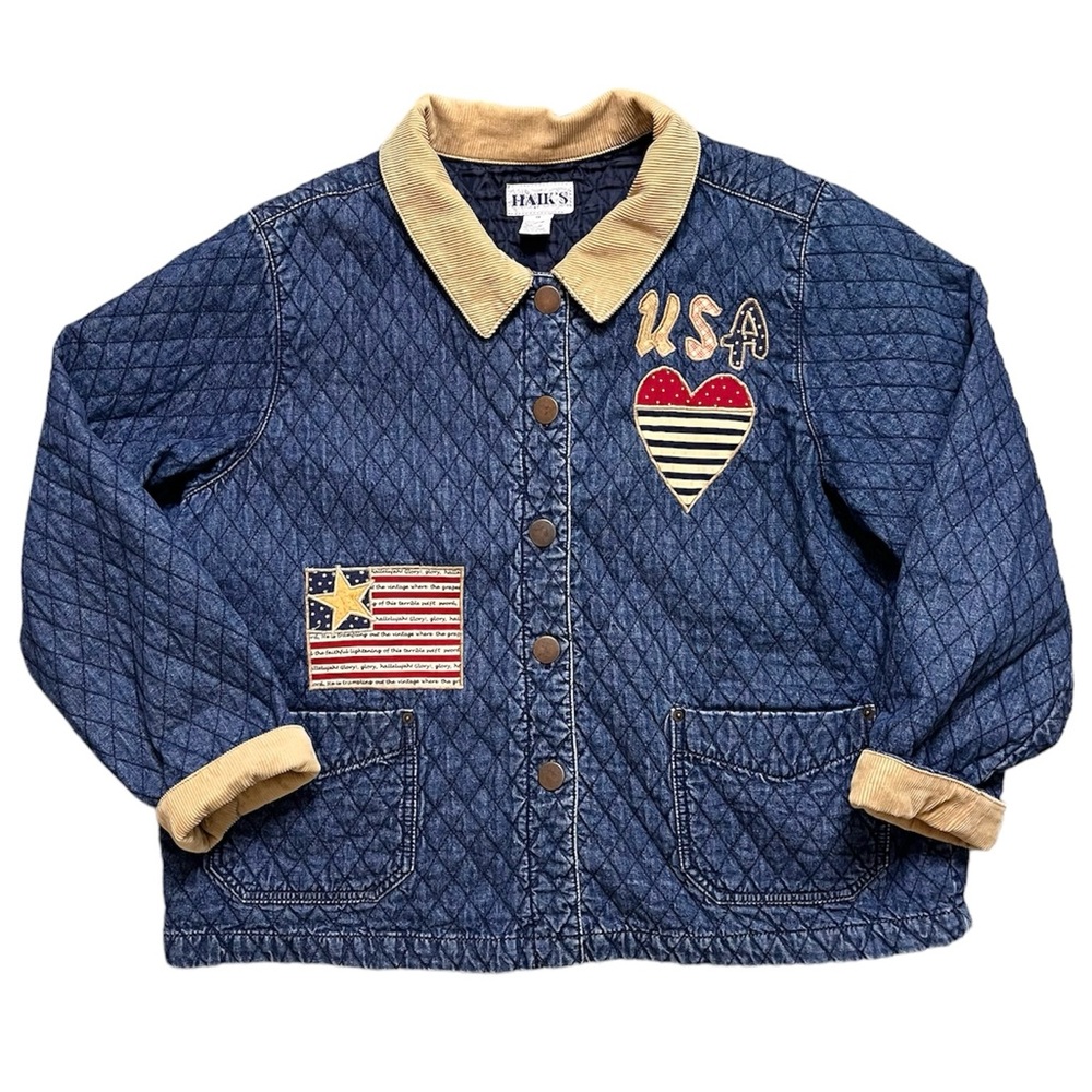 Haik’s Vintage Denim Barncoat Quilted Jacket Coat Embroidered Patches USA XL 1X